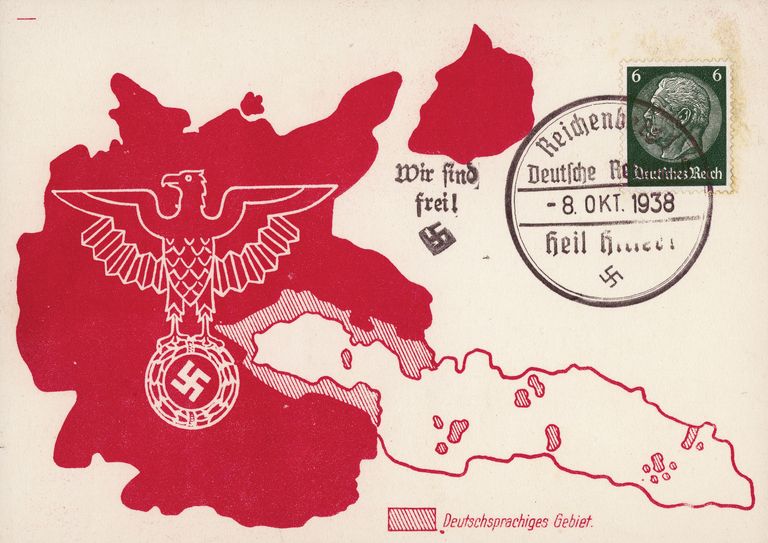 Sudeedimaa Reich'i koosseisu inkorporeerimisele pühendatud postkaart (kaart Natsi-Saksamaast ja sakslastega asustatud aladest Tšehhoslovakkias).