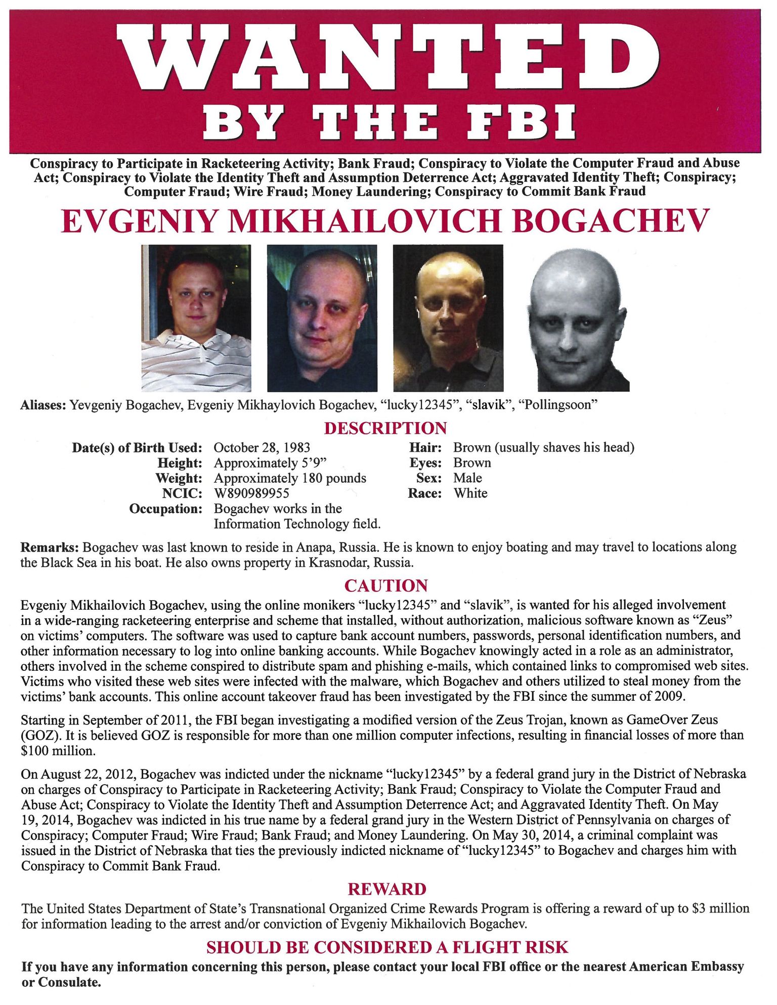 Vene häkkeri Jevgeni Bogatšovi tagaotsimiskuulutus FBI kodulehel.