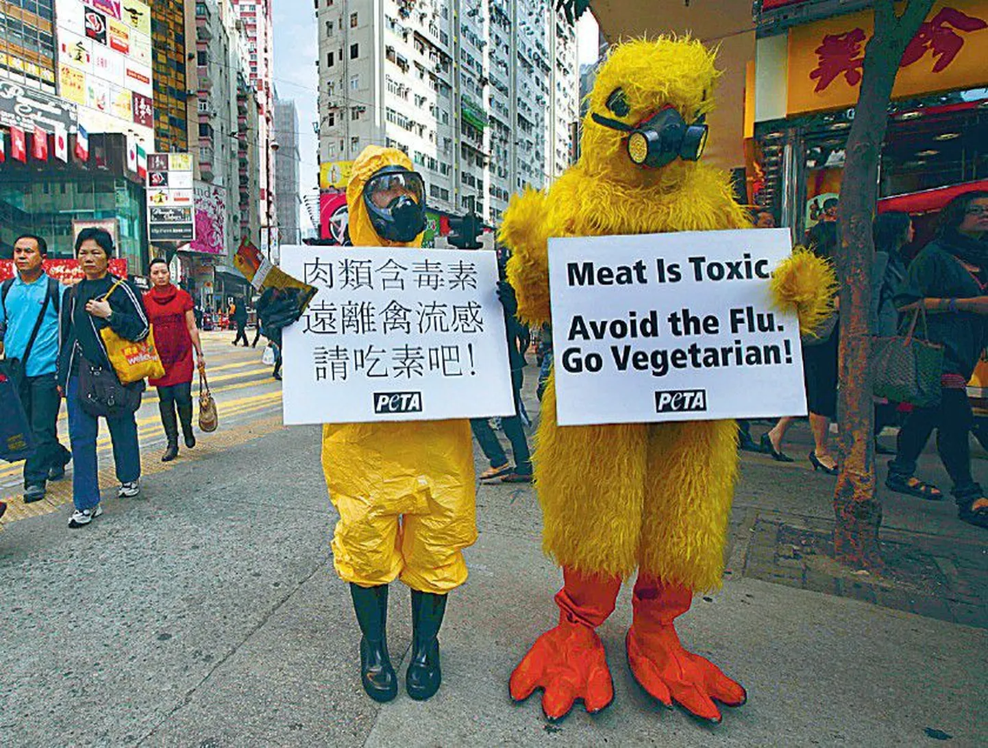PETA loomakaitseaktivistid korraldasid novembris Hongkongis pärast üht linnugripijuhtumit lihasöömisevastase protestiaktsiooni.