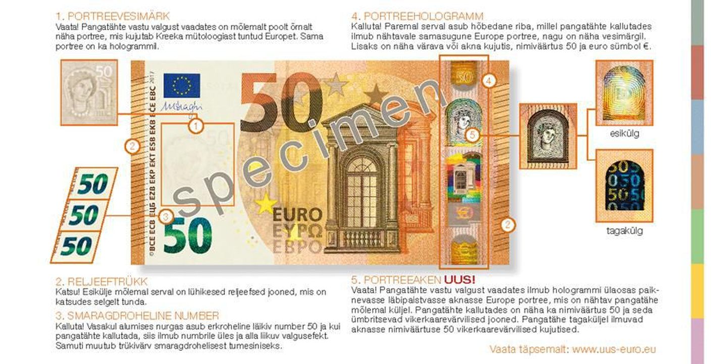 Uus 50eurone, mis tuleb käibele 4. aprillist.