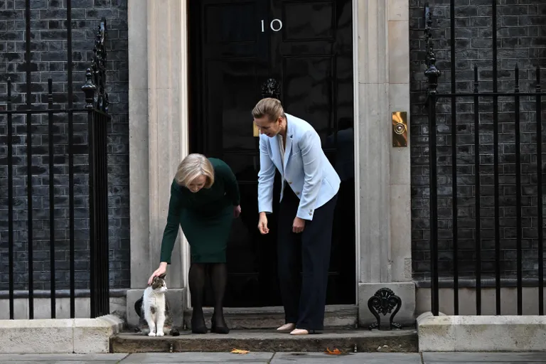 Endine Briti peaminister Liz Truss (vasaklul) ja Taani peaminister Mette Frederiksen (paremal) Larryga suhtlemas 1. oktoobril 2022.