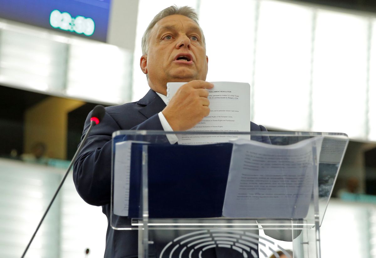 Ungari peaminister Viktor Orbán kõneleb 2018. aasta septembris Euroopa Parlamendi istungil Strasbourgis, kus oli arutlusel õigusriigi põhimõtete järgimise küsimus Ungaris.