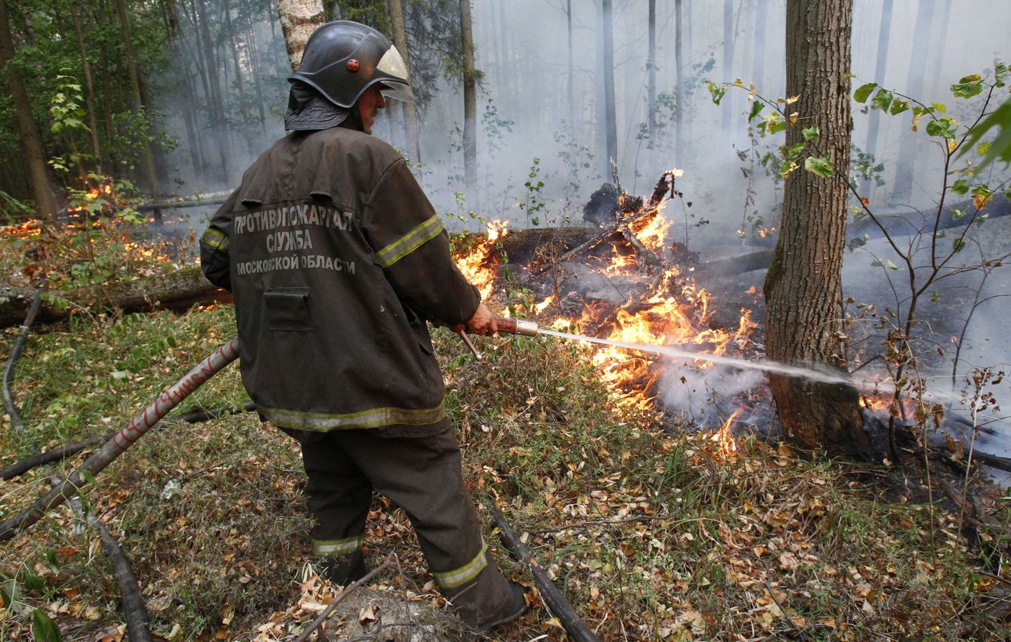 Tuletõrjuja võitleb tulega Luhhovitsa lähedal, mis jääb 135 kilomeetrit Moskvast kagusse.