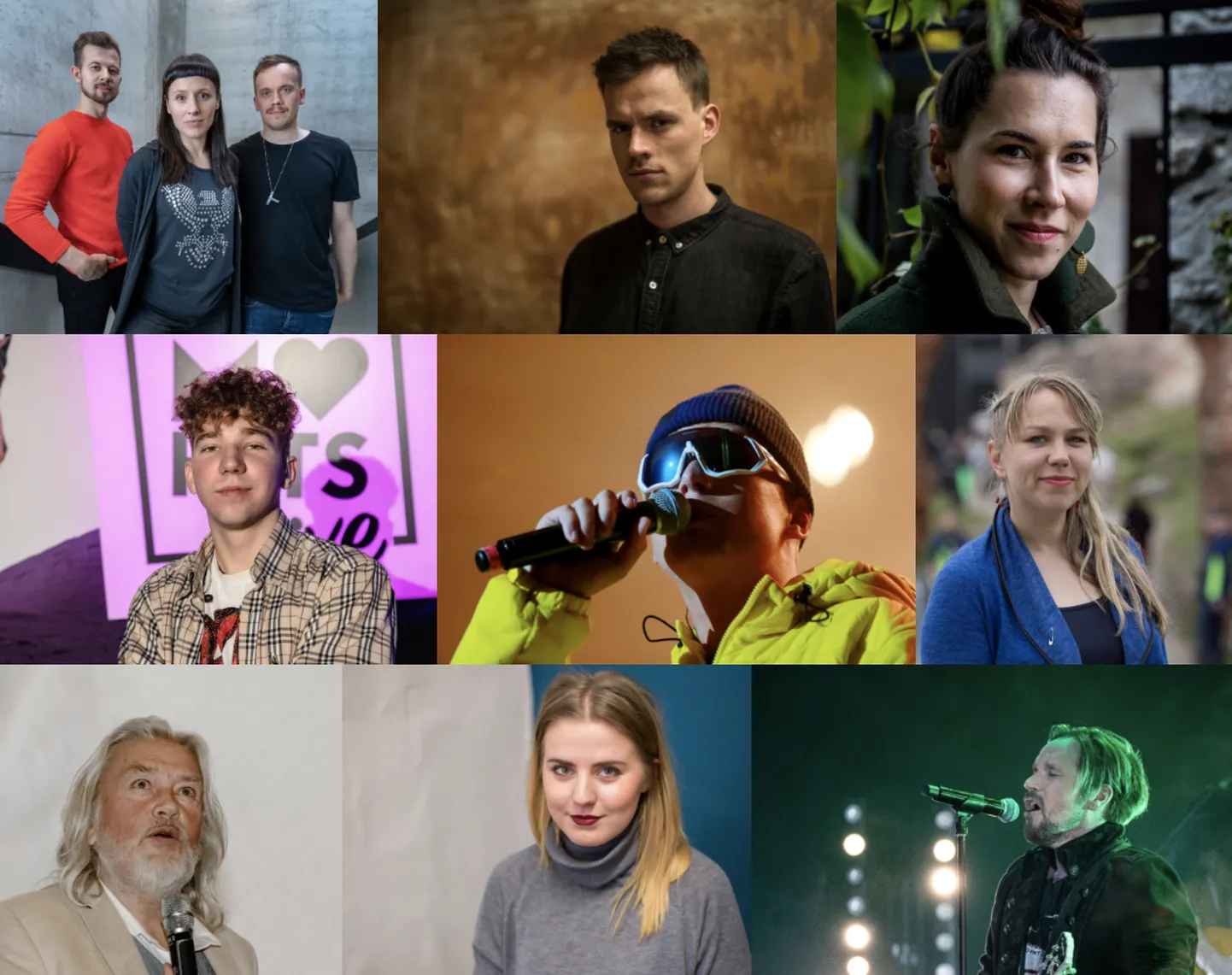 Eesti Muusikaauhindade nominendid ülevalt vasakult: Trad.Attack!, NOËP, Mari Jürjens, Pluuto, nublu, Mari Kalkun, Tõnis Mägi, Anett Kulbin, Terminaator.