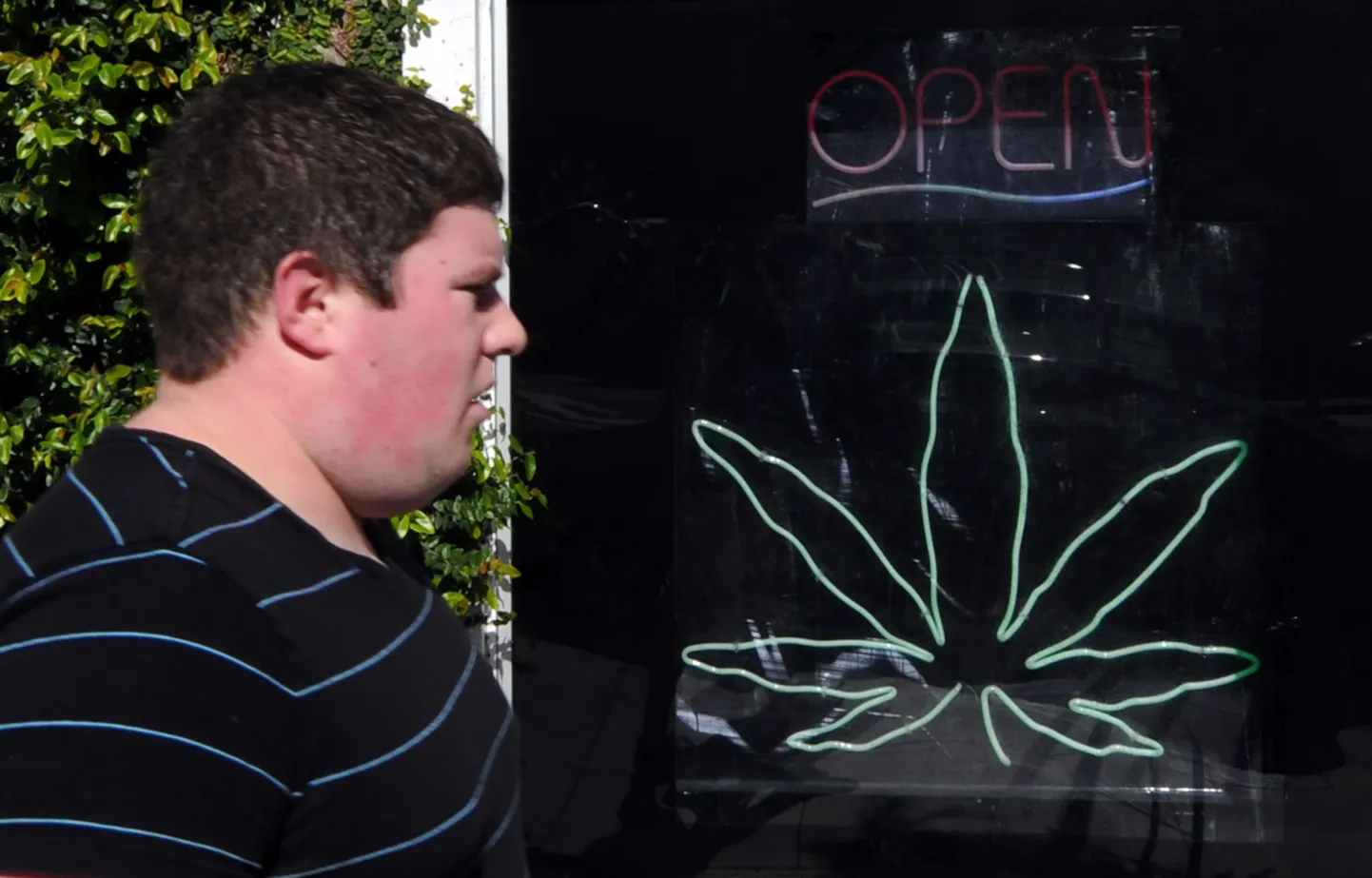Mees Los Angeleses meditsiinilist marihuaanat müüva apteegi ees.