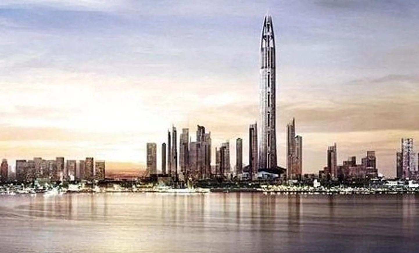 Kunstniku joonis Dubaisse rajatavast üle kilomeetri kõrgusest tornist, sadamast ja uuslinnast