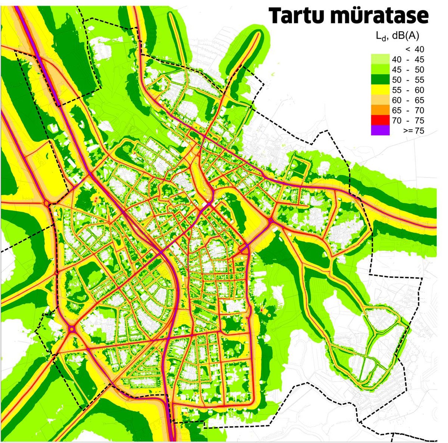Tartu linna välisõhu strateegiliselt mürakaardilt on näha, kuidas jagunevad linna liiklus-, rongi- ja tööstusmüra. Kõige mürarikkamad piirkonnad on märgitud lilla ja kõige vaiksemad helerohelise värviga.