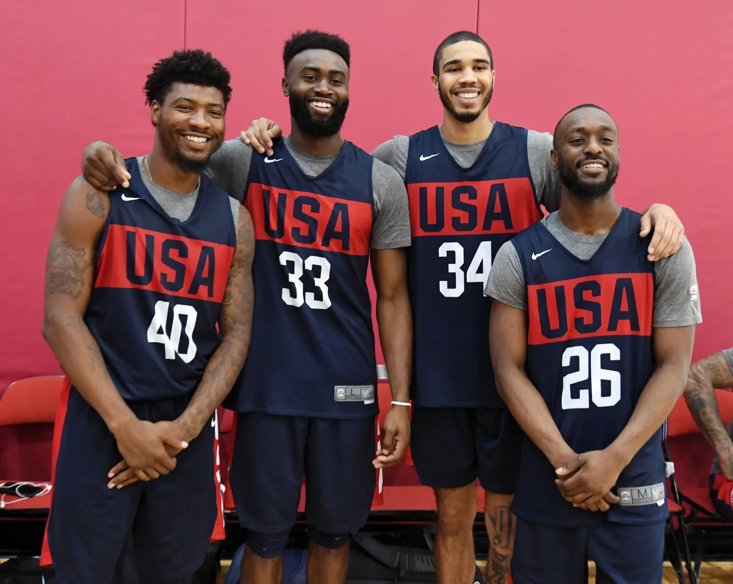 USA koondise kandidaatide hulgas on kõige rohkem Boston Celticsi mängijaid - neli. Treeninglaagri alustuseks tulid Marcus Smart (vasakult), Jaylen Brown, Jayson Tatum ja Kemba Walker ühele pildile.