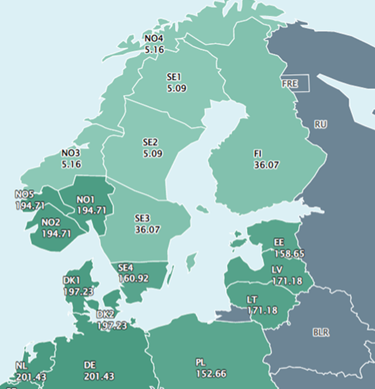 Elektrihinnad täna erinevates piirkondades (euro/MWh)