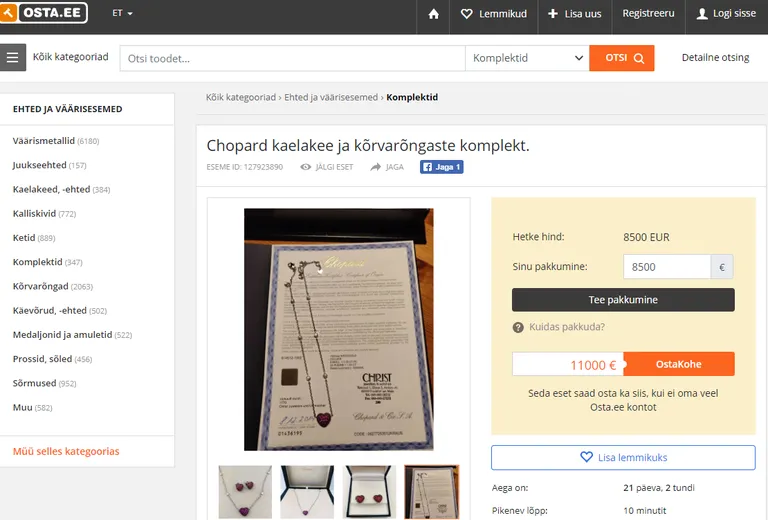 Eesti oksjoniportaalis pakkumisel olev Chopardi ehtekollektsioon.