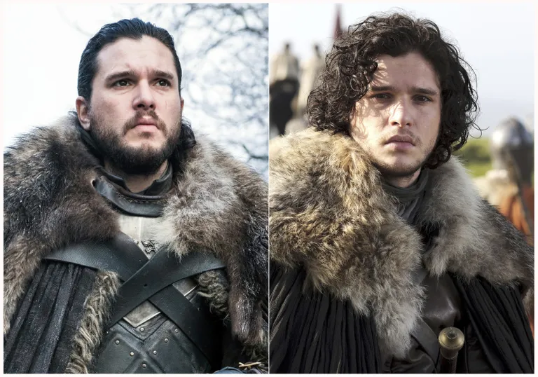 Kit Harington Jon Snowna sarja alguses 2011 (paremal) ja 2018