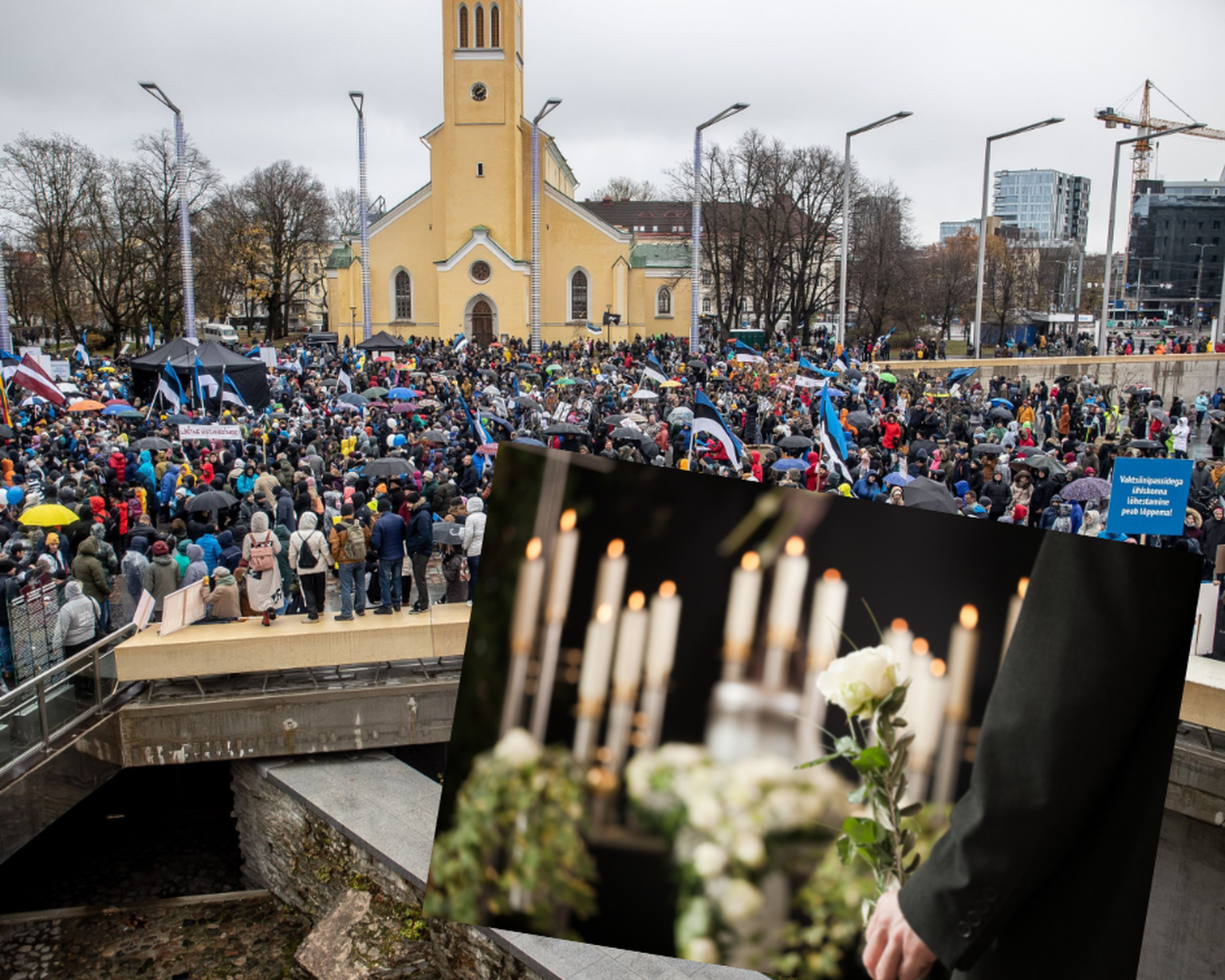 Meeleavaldus Tallinnas Vabaduse väljakul, taamal Jaani kirik.