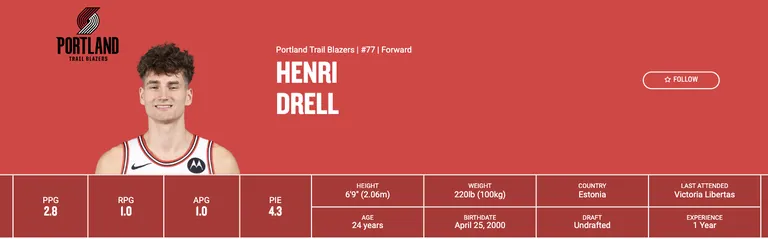 NBA ametlikul veebilehel on Drell üles antud Portlandi Trail Blazersi mängijana.