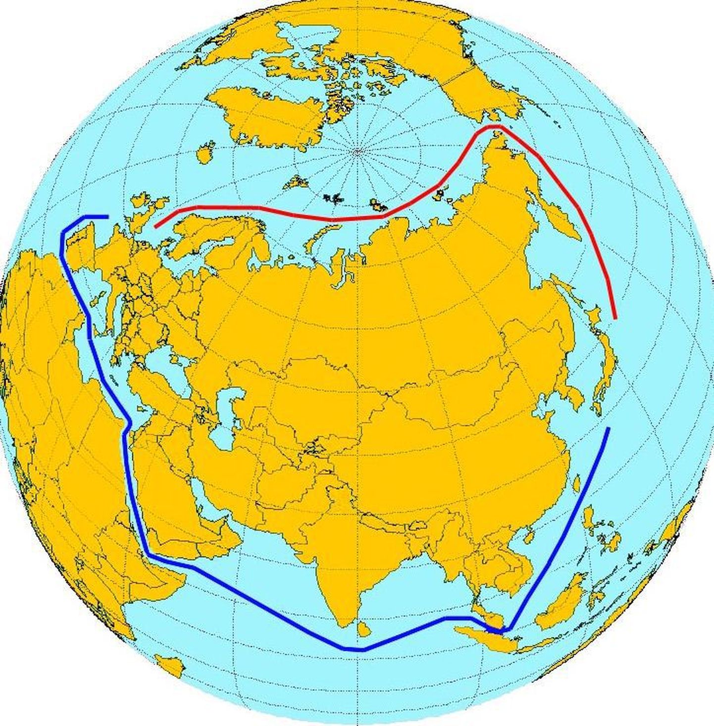 Põhja meretee (punane joon) ja Suessi kanal (sinine joon)