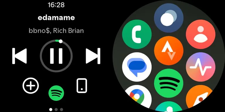Äppidega on kõik korras: neid on ohtralt ja need töötavad hästi. Vasakul Spotify äpp, paremal äppide ekraanimenüü.