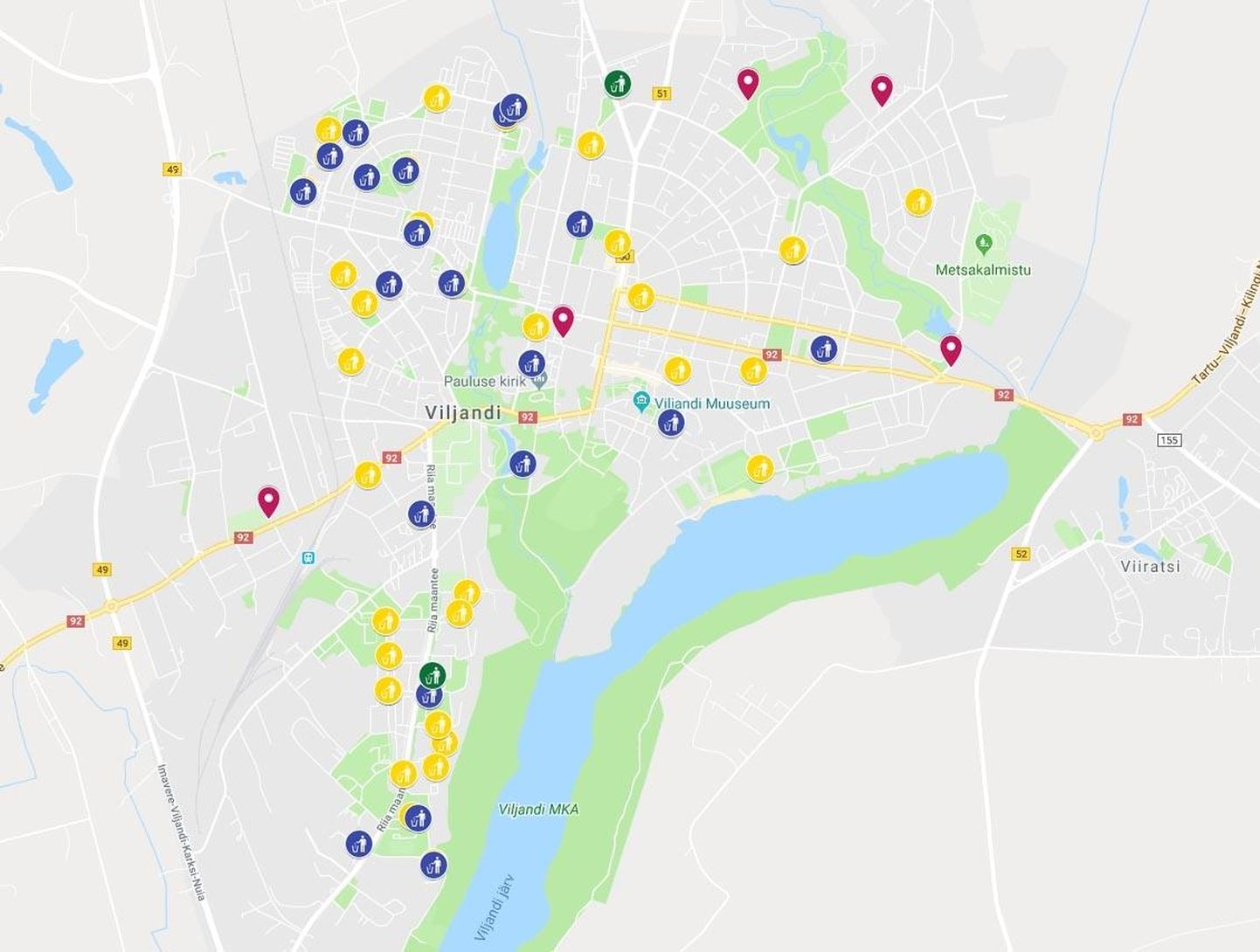 Kaardil on näidatud, kus asuvad Viljandis avalikud konteinerid. Kollasega on märgitud segapakendi-, sinisega paberi- ja papi-, rohelisega klaaspakendi- ning punasega segapakendi- ja paberikonteinerid.