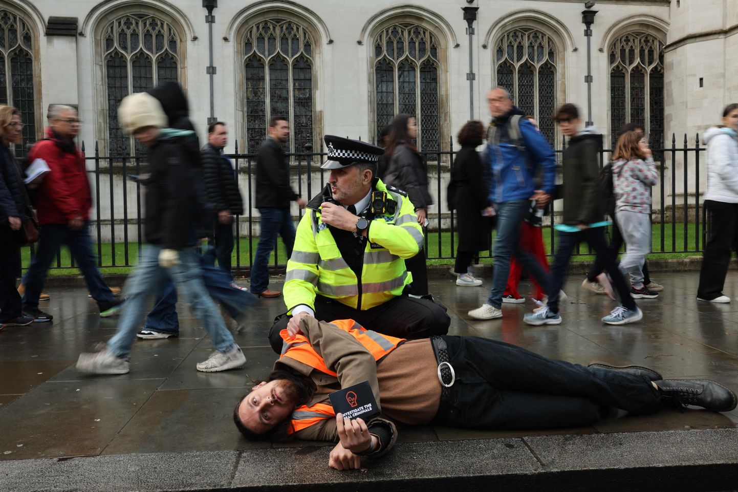 Protestētājs un Londonas policists.
