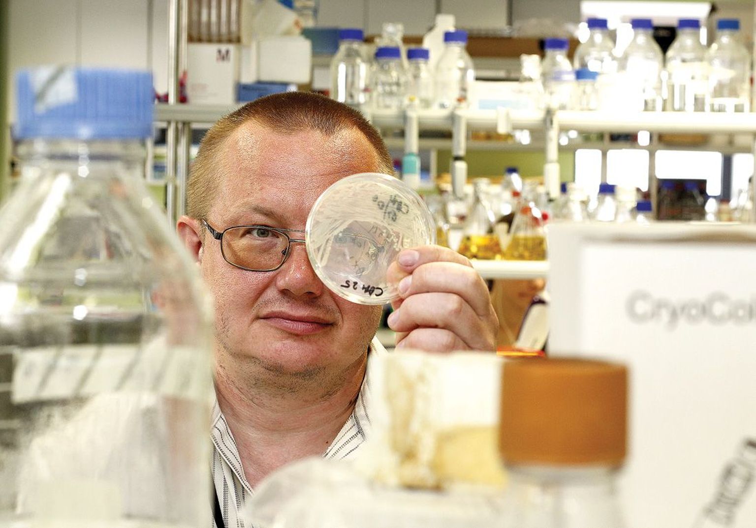 Professor 
Tanel Tenson Tartu ülikooli tehnoloogiainstituudi 
laboris 
teraselt 
silmitsemas üht inkubaatorist välja võetud Petri tassi bakteritega, mille arv soodsatel tingimustel kahekordistub iga poole tunni tagant.