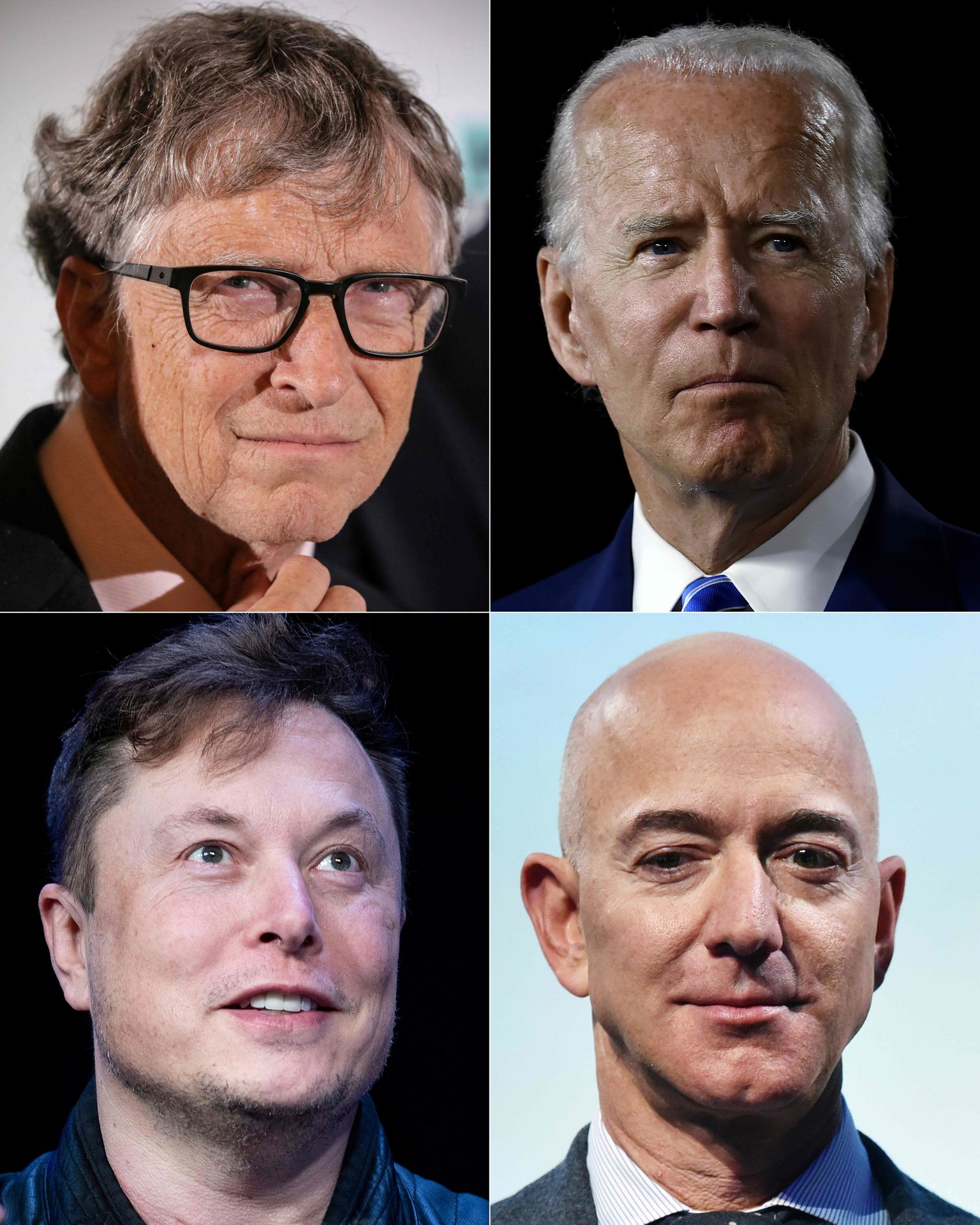No kreisā augšējā stūra pulksteņrādītāja virzienā - Bils Geitss, Džo Baidens, Džefs Bezoss, Īlons Masks.
