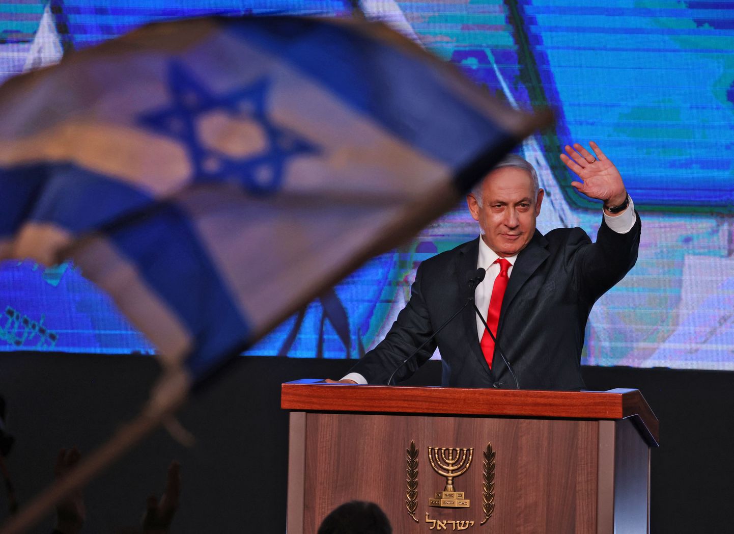 Peaminister Benjamin Netanyahu Likud valimispeol Jeruusalemmas.
