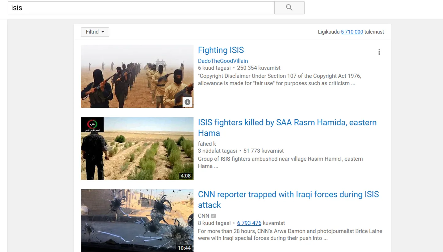YouTube'i otsingutulemused sisaldavad viiteid jõhkrale sisule