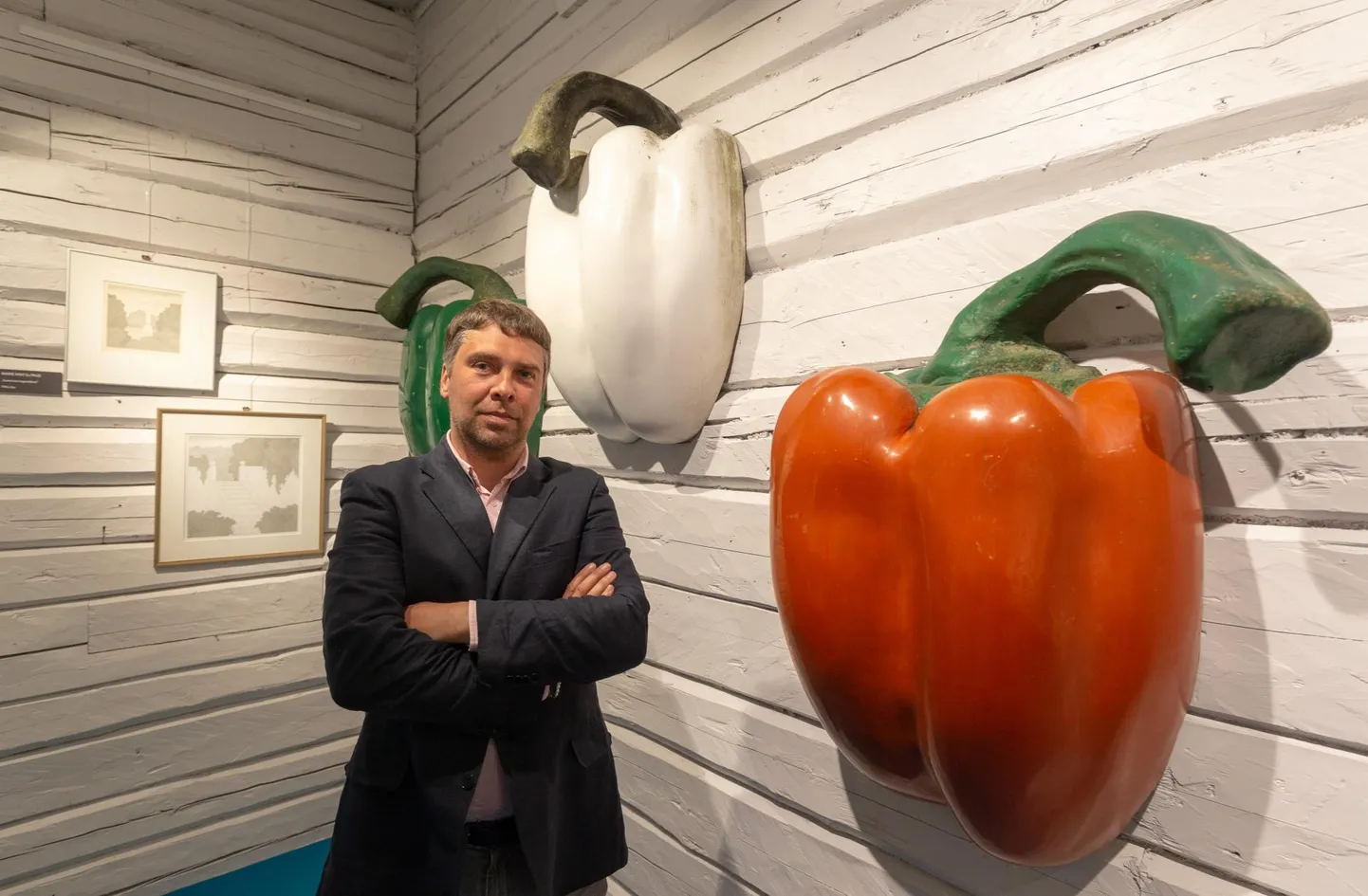 Kunstikoguja Laur Kivistiku kõrval seinal on Hannes Starkopfi skulptuurid «Paprika» aastast 2007.