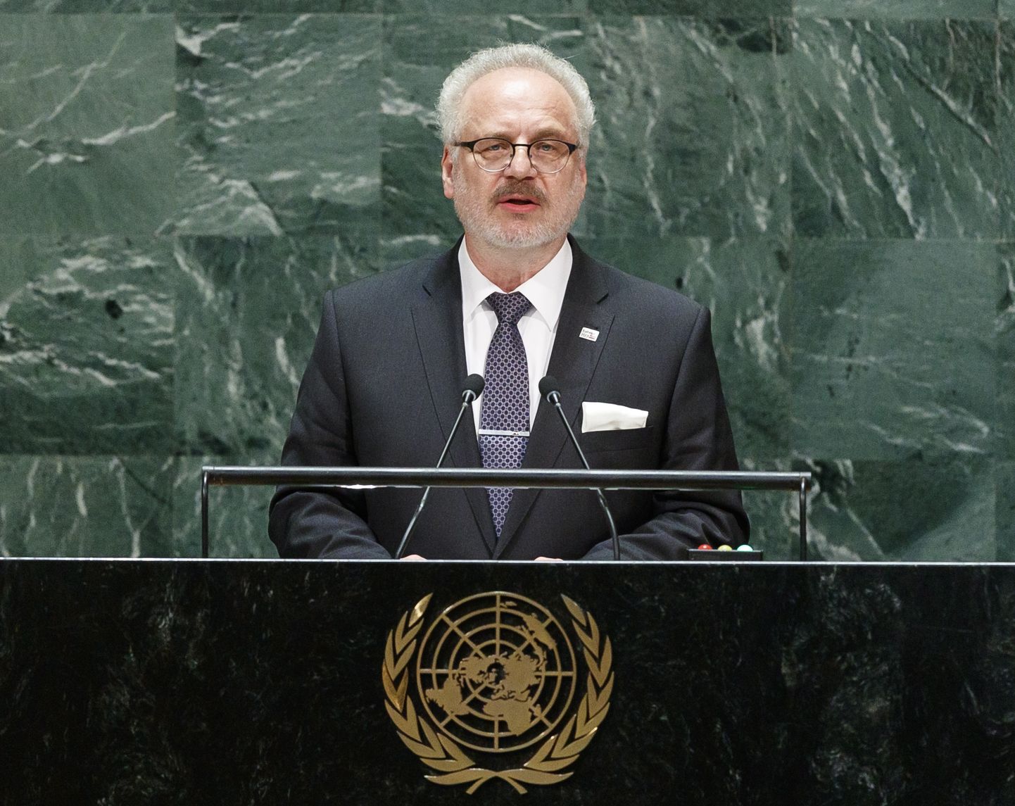 Эгил Левитс во время своего выступления на сессии Генеральной Ассамблеи ООН.