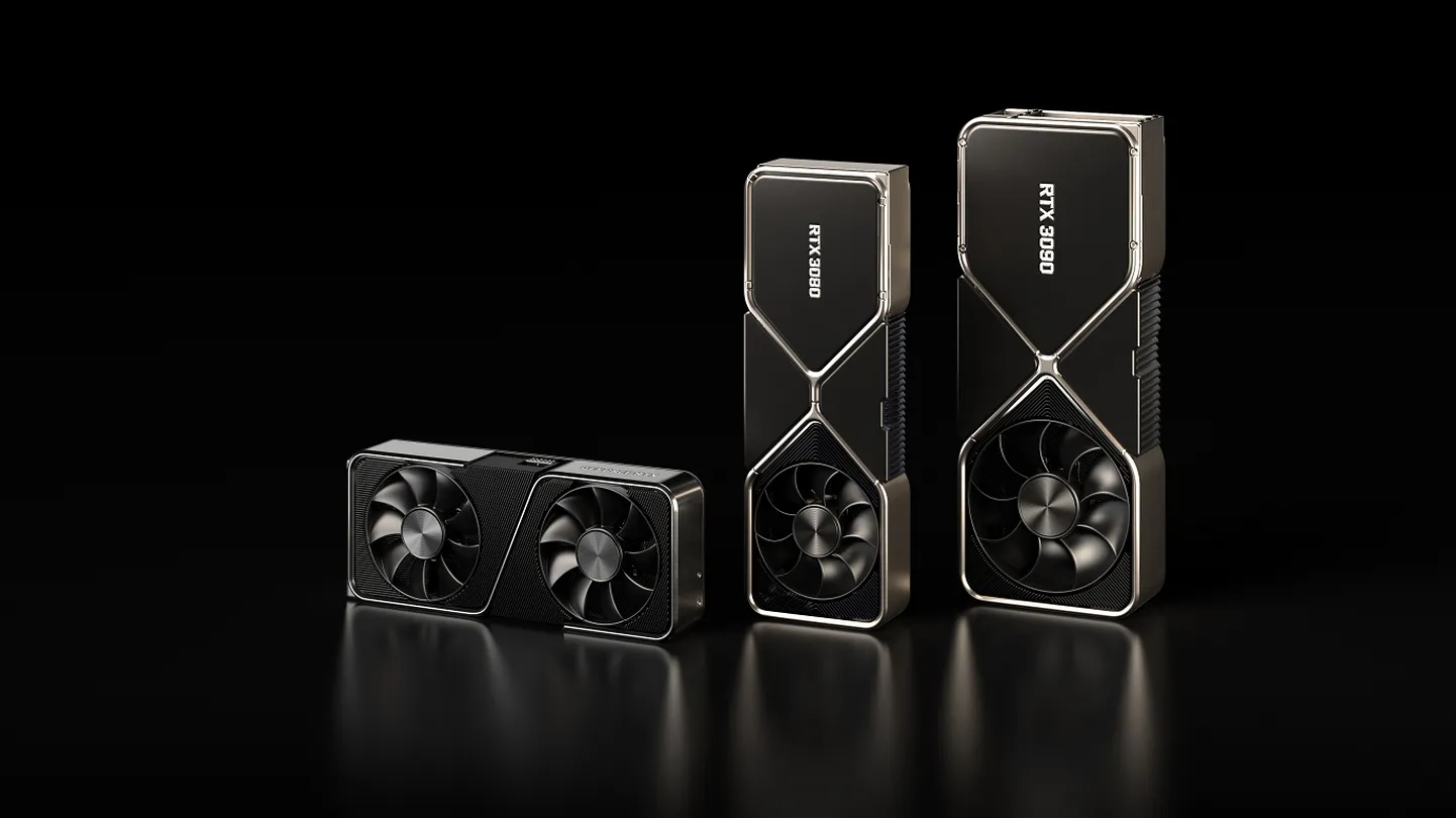 Vasakult paremale: NVIDIA GeForce RTX 3070, NVIDIA GeForce RTX 3080 ja NVIDIA GeForce RTX 3090.