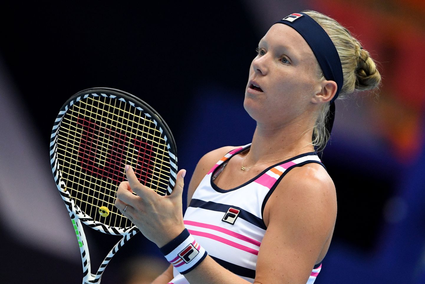 6046856 18.10.2019 Kiki Bertens, of the Netherlands, reacts during the women's singles quaterfinal tennis match against France's Kristina Mladenovic at the Kremlin Cup, in Moscow, Russia. Alexey Filippov / Sputnik