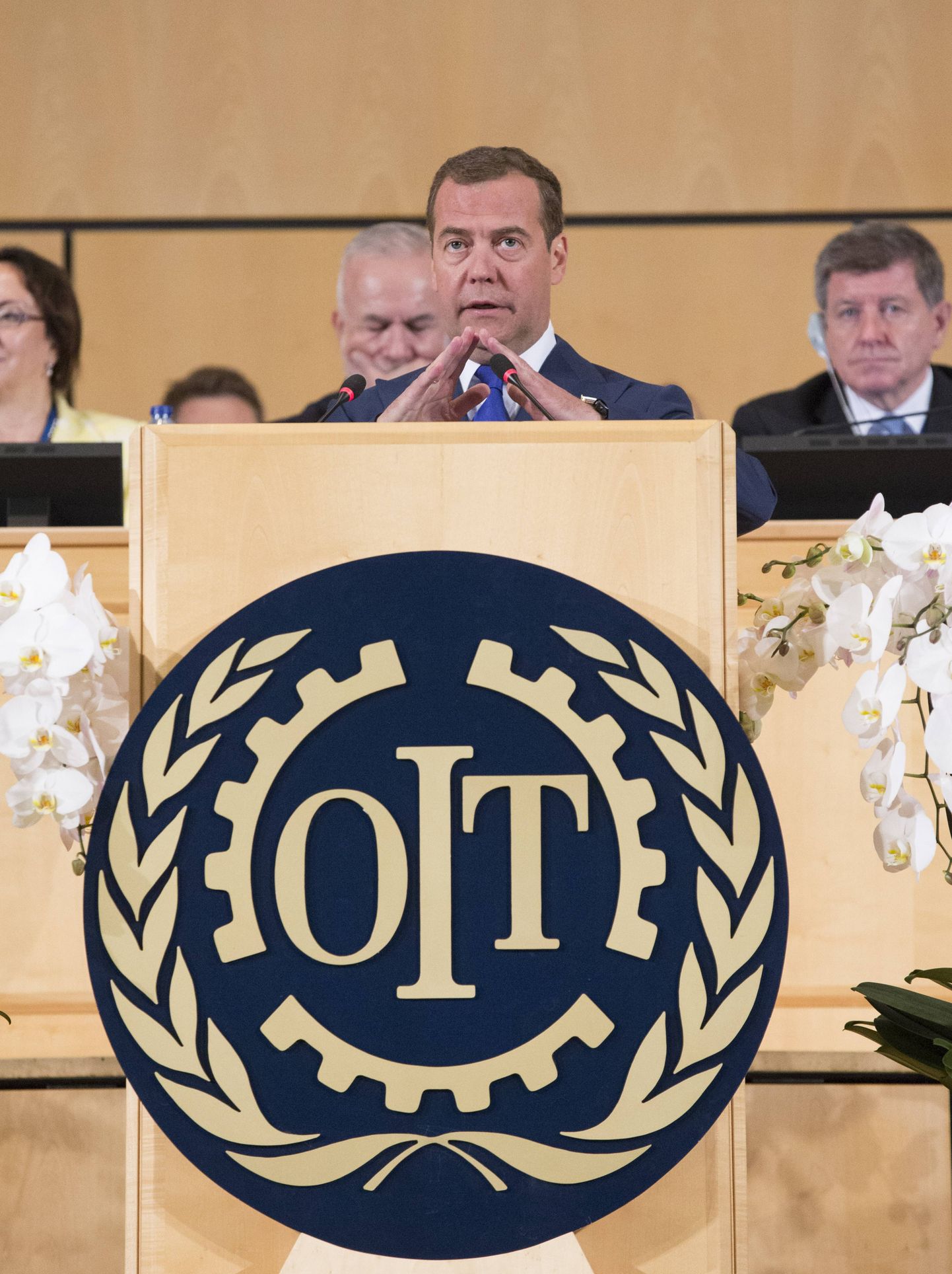 Venemaa peaminister Dimitri Medvedev pidamas kõnet Rahvusvahelisel Töökonverentsil.