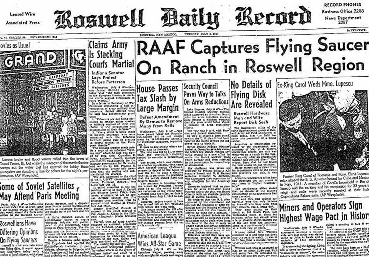 Väljaanne Roswell Daily Record avaldas artikli alla kukkunud lendavast taldrikust