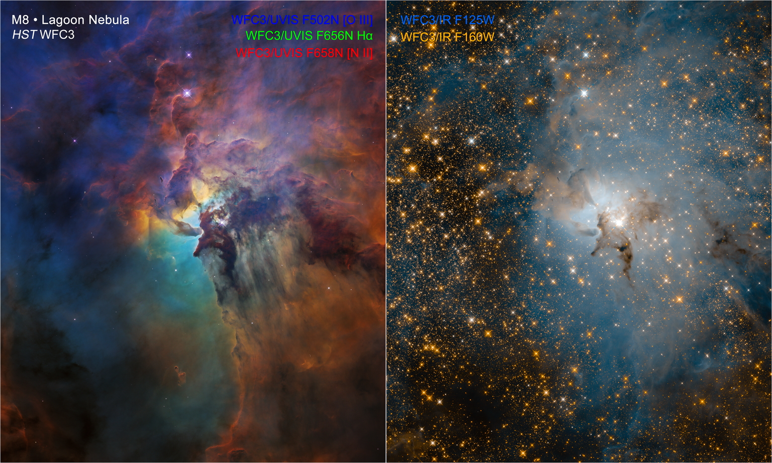 Näide sellest, kuidas universum näeb välja nähtavas ja kuidas infrapunakiirguses. Vasakul on Laguuni udukogu jäädvustanud Hubble&#39;i nähtavas valguses töötav kaamera, paremal Hubble&#39;i lähiinfrapunas töötav kaamera. Webb hakkab vaatlema sügavamal infrapunas, mis tähendab, et see näeb läbi tolmu ja gaasi.