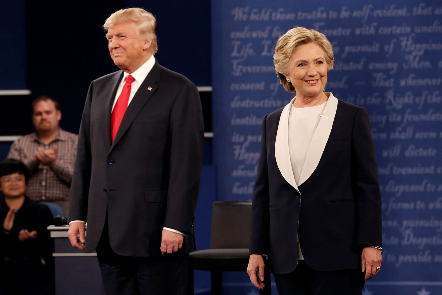 Republican U.S. presidential nominee Donald Trump and Democratic U.S. presidential nominee Hillary Clinton appear together during their presidential town hall debate at Washington University in St. Louis, Missouri, U.S., October 9, 2016.   REUTERS/Mike Segar