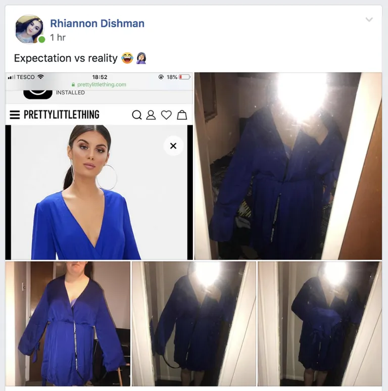 Rhiannon Dishman tellis internetipoest Pretty Little Thing elektrisinise kleidi, mis nägi pildi peal palju parem välja.