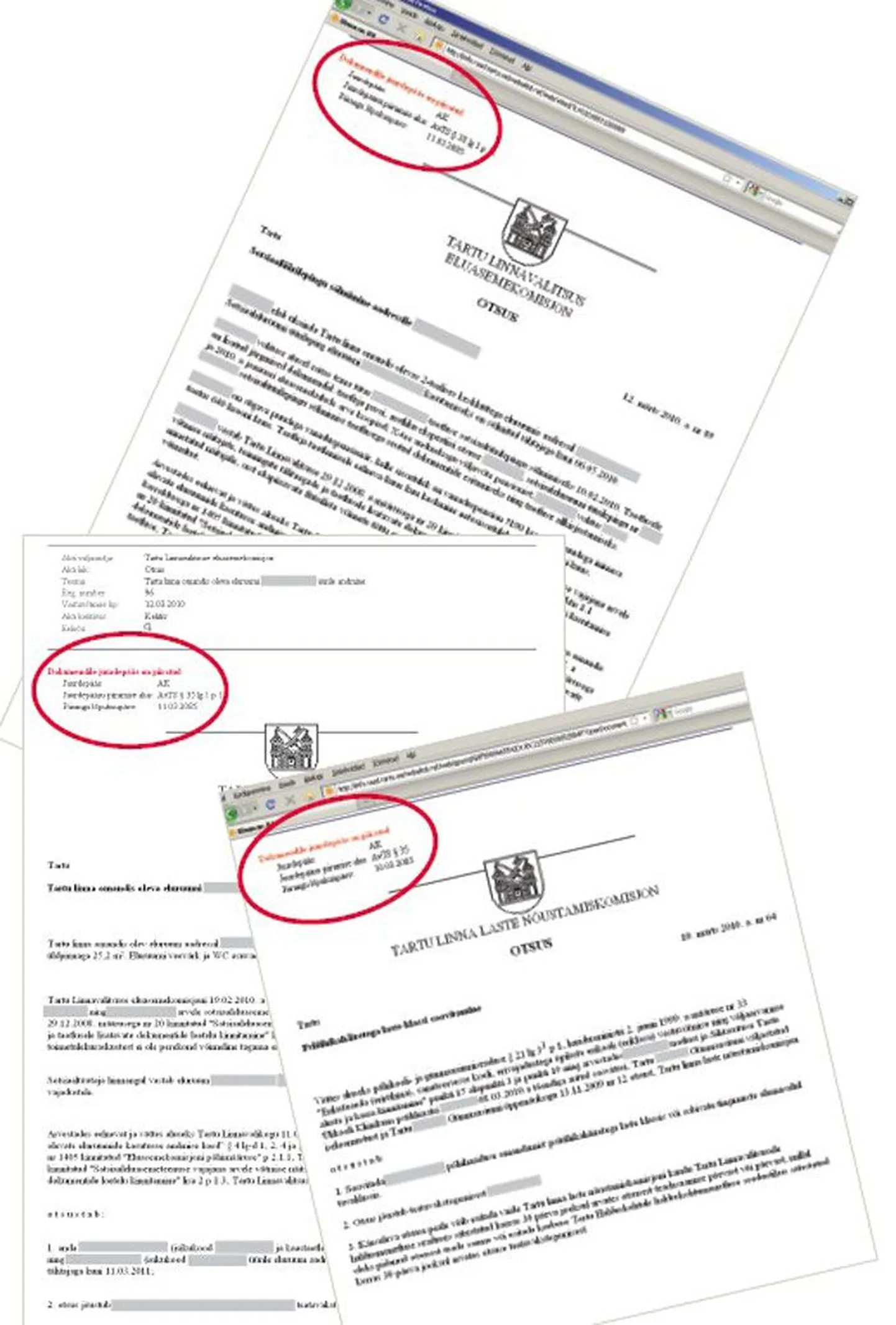 Valik märkega «dokumendile juurdepääs on piiratud» Tartu linnavalitsuse komisjonide otsuseid, mis olid internetis vabalt loetavad.