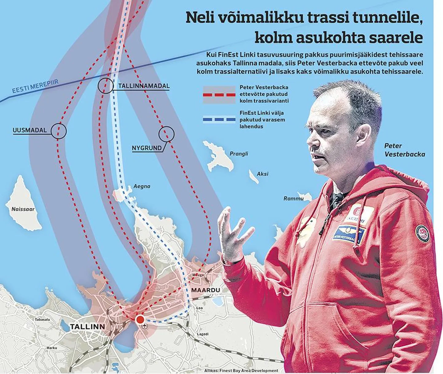 Peter Vesterbacka ettevõte näeb kolme võimalikku asukohta, kuhu võiks kerkida tunneli jaoks vajalik tehissaar.