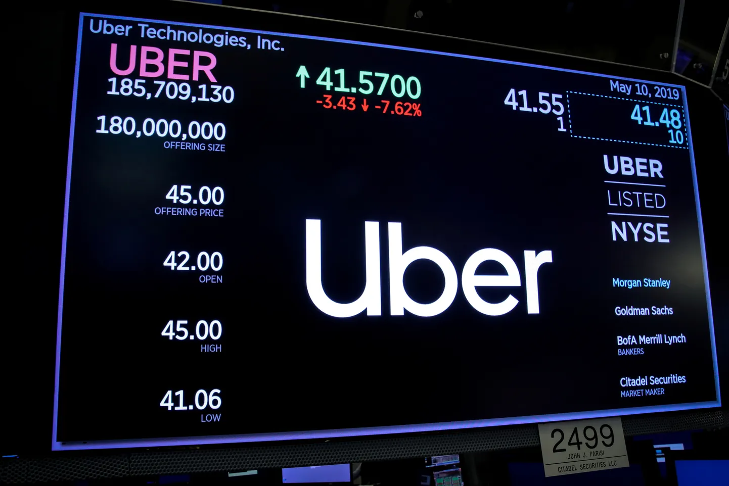 Uberi aktsia tabloo ettevõtte esimese kauplemispäeva lõpus New Yorgi börsil