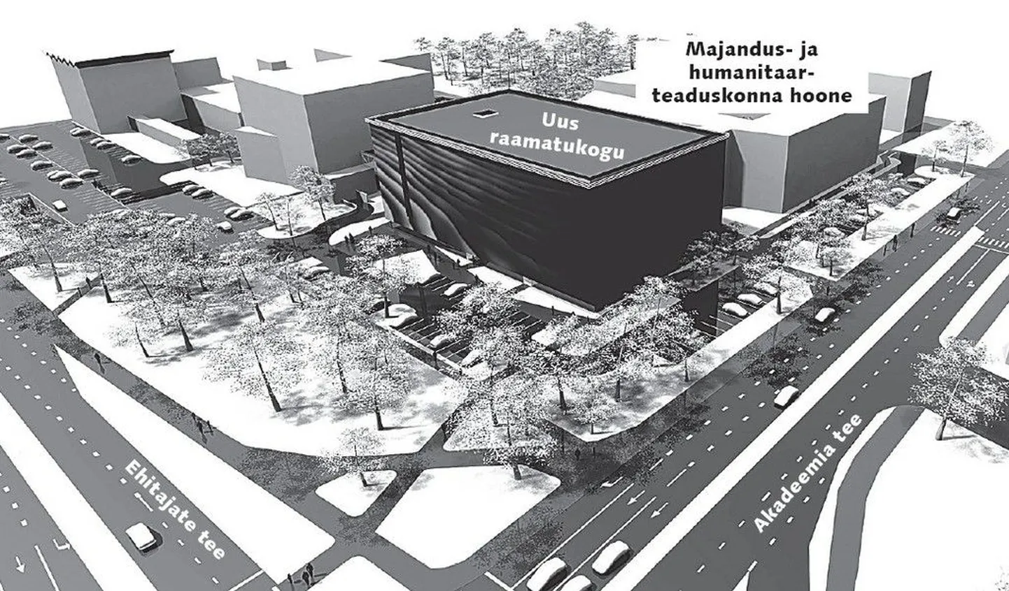 Ehitajate tee ja Akadeemia tee nurgale kerkib 2009. aasta kevadeks uus raamatukogu ning majandus- ja humanitaarteaduskonna hoone. Eskiis valmis arhitektuuribüroos AET Arhitektid.
