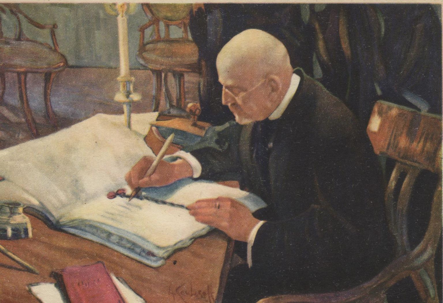 Postkaart, mis kujutab Jaan Poskat 1920. aasta 2. veebruari esimesel tunnil rahulepingule alla kirjutamas.