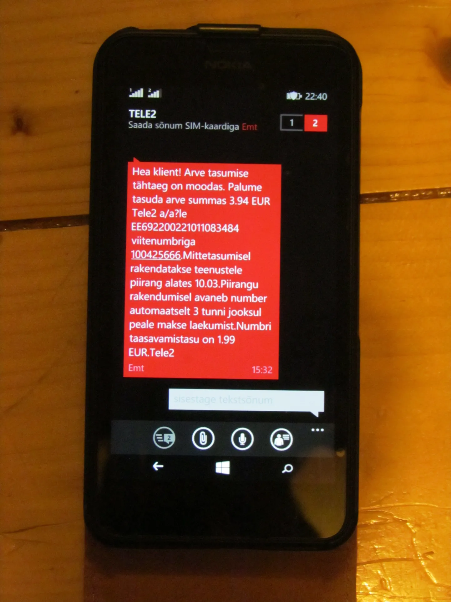 EMT klient sai Tele2-lt meeldetuletuse maksmata arve kohta.