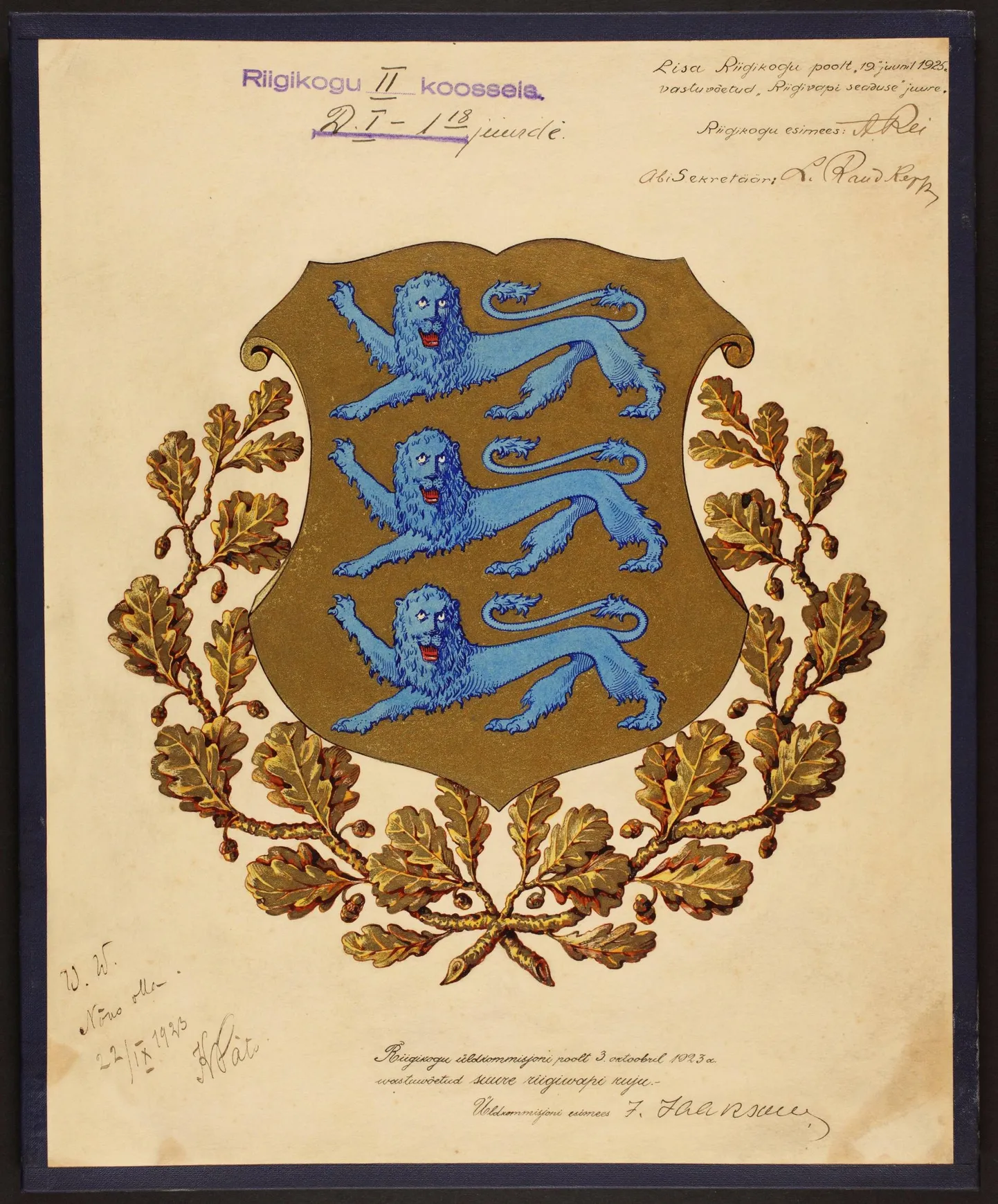 Riigikogu 19. juunil 1925 kinnitatud suur riigivapp. Allkirjad paremal üleval: riigikogu esimees [alates 9. juunist 1925] August Rei ja abisekretär Leopold Raudkepp.