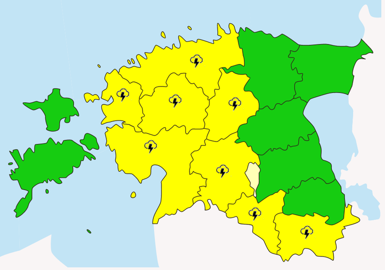 На карте желтым отмечены уезды, в которых ожидается гроза. 