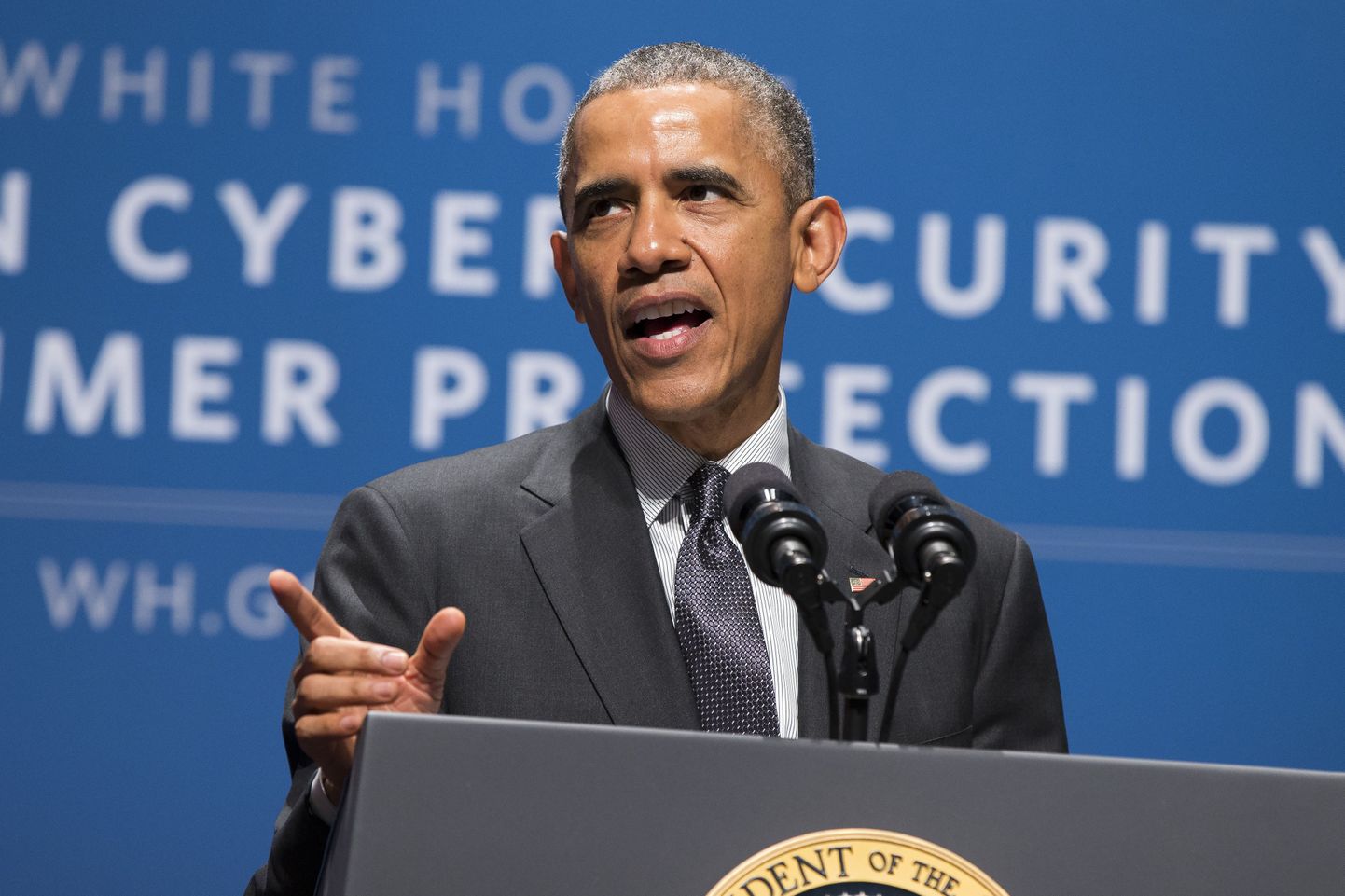 President Barack Obama speaks during a summit on cybersecurity and consumer protection, Friday, Feb. 13, 2015, at Stanford University in Palo Alto, Calif. The president said cyberspace is the new "wild West" _ with daily attempted hacks and people looking to the government to be the sheriff. He's asking the private sector to do more to help.  (AP Photo/Evan Vucci)