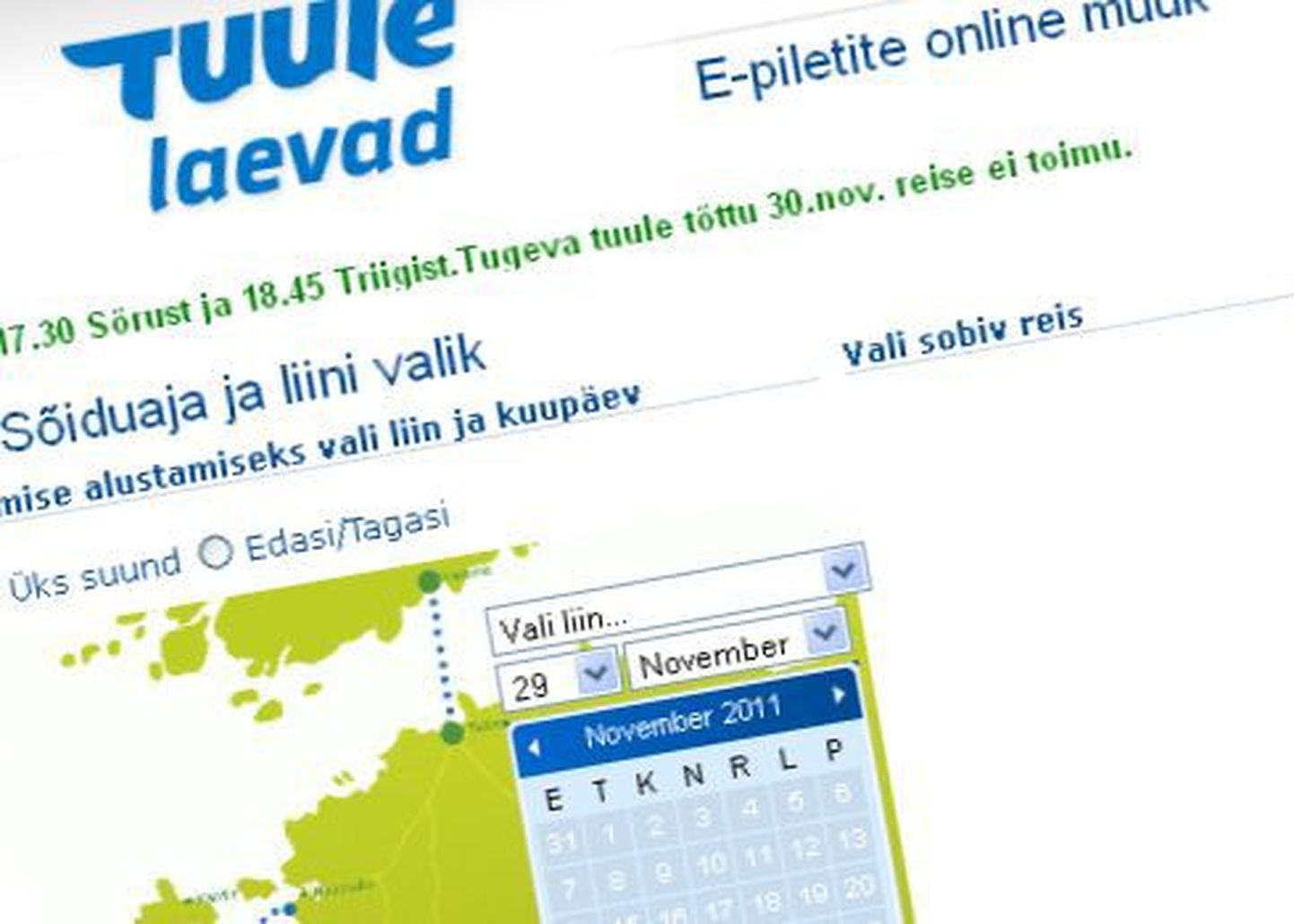 Fragment Väinamere Liinide e-piletite ostukeskkonnast Tuulelaevad.ee.