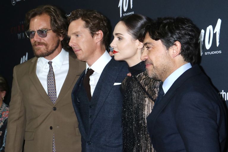 Näitlejad Michael Shannon, Benedict Cumberbatch, Tuppence Middleton ja režissöör Alfonso Gomez-Rejon «Voolusõja» esilinastusel