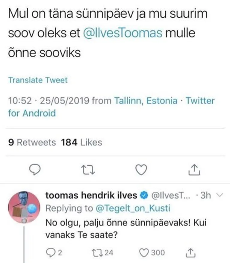 Toomas Hendrik Ilves õnnitles tundmatut kasutajat Twitteris.