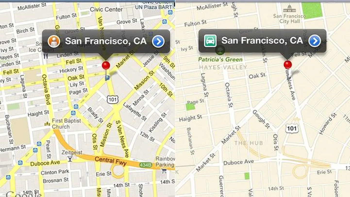 Google Mapsi ja Apple Mapsi võrdlus.