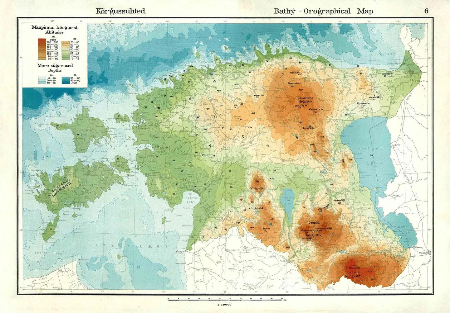 Illustratsioon: 1930. aastatel kavandatud rahvusatlase ainuke proovitrükini jõudnud kaart. Eesti kõrgussuhted. August Tammekann, 1940. 1 : 750 000.