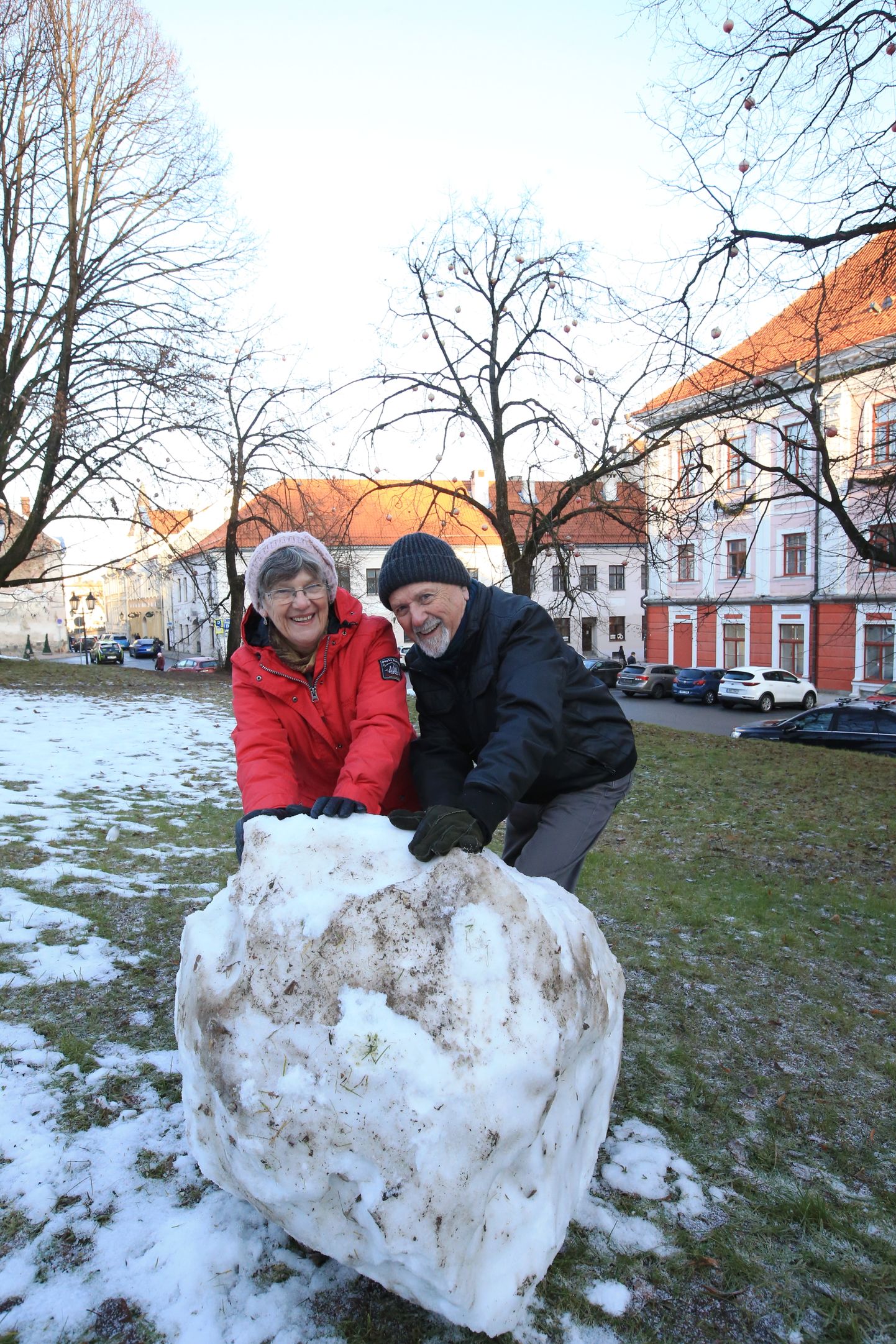 Helve ja Neville Cann lükkasid Tartu raekoja taga Pirogovi platsi kõrval Toomemäe nõlval naljaviluks lumepalli.