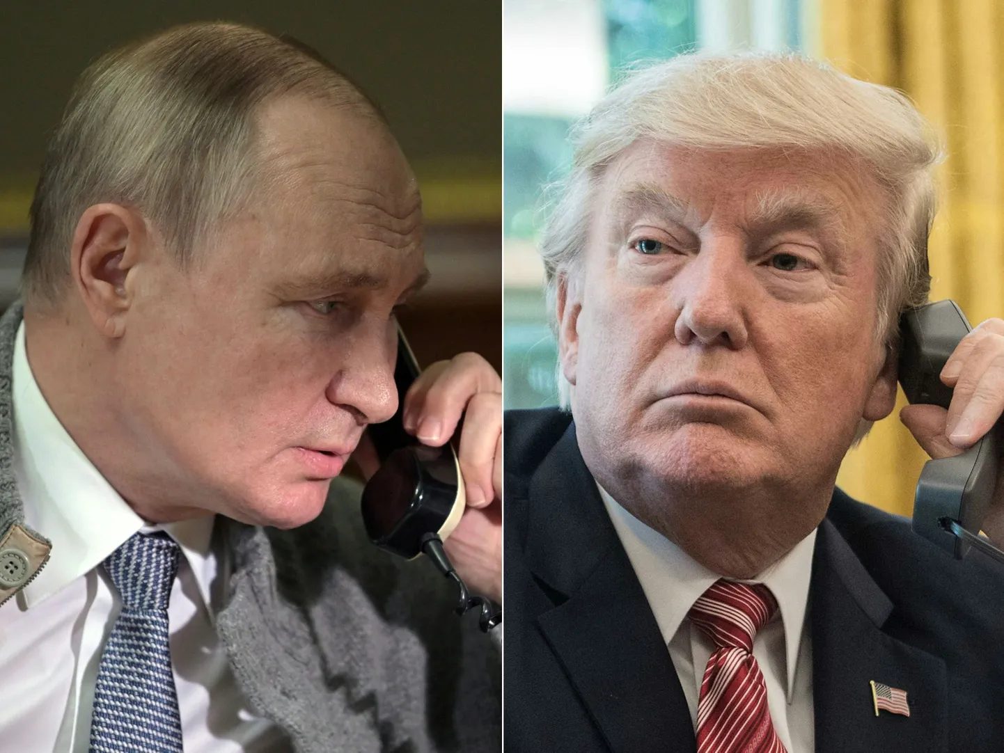 Šis attēlu salikums, kas izveidots 2025. gada 18. martā, parāda (no kreisās uz labo) Krievijas prezidentu Vladimiru Putinu Streļņā, netālu no Sanktpēterburgas, 2021. gada 27. decembrī, un ASV prezidentu Donaldu Trampu Ovālajā kabinetā Baltajā namā Vašingtonā, 2017. gada 27. jūnijā. ATTĒLS ILUSTRATĪVS